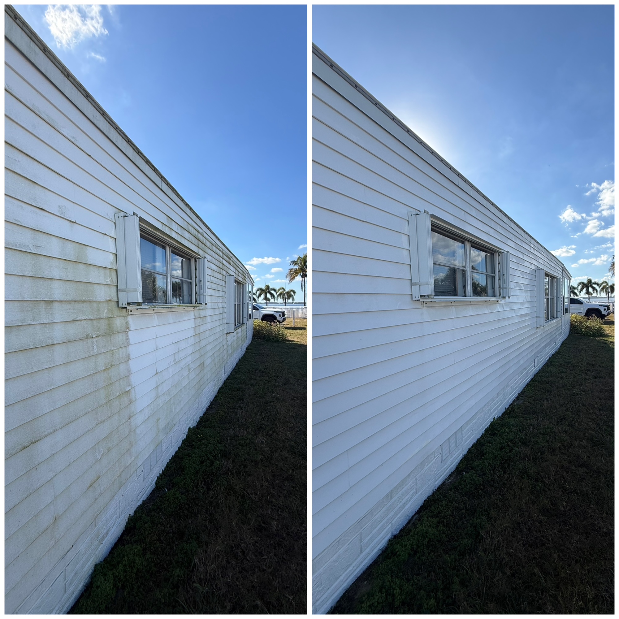 Before and after house soft wash cleaning in Melbourne Beach, FL