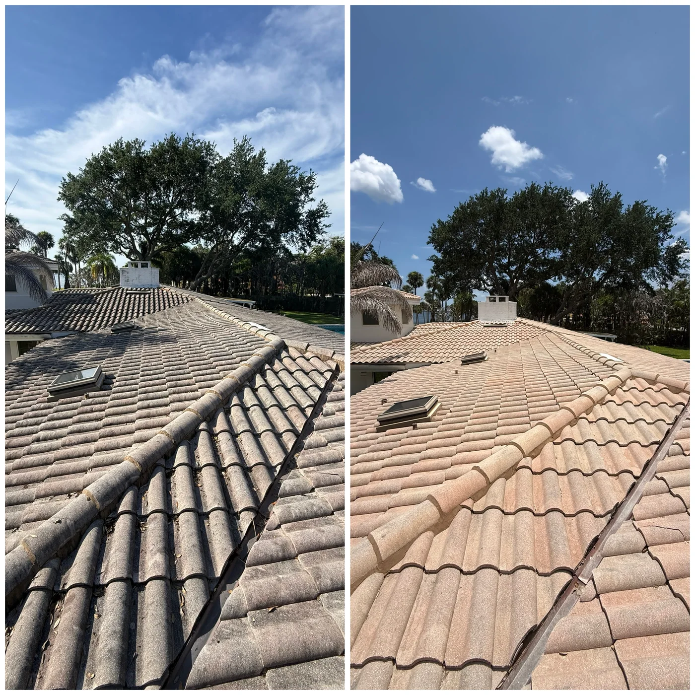 Second before-and-after comparison of the large Merritt Island tile roof cleaned by Surfside