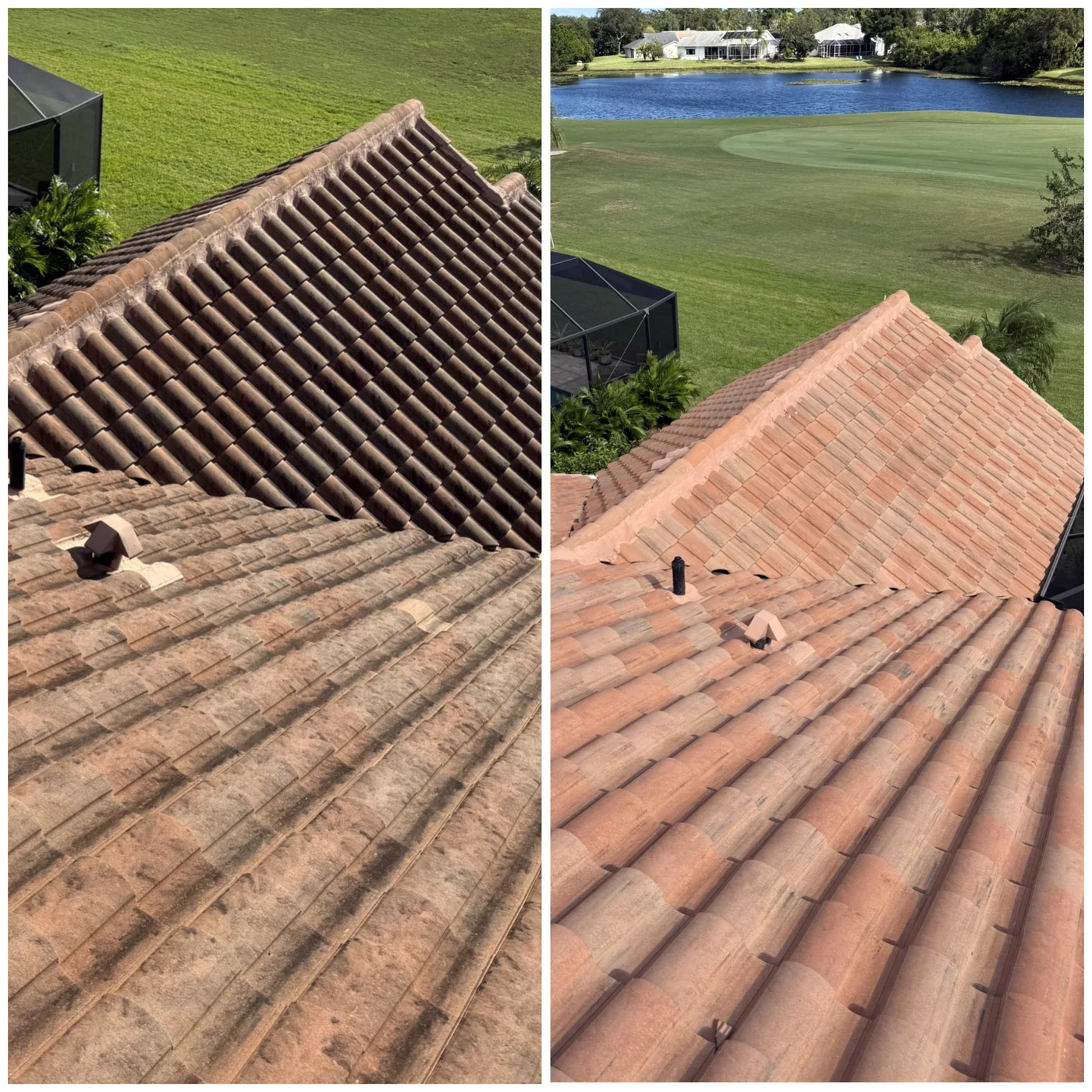 Second before-and-after view of the barrel tile roof soft washed by Surfside in Suntree